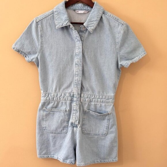 Zara Pants - •SOLD•|Zara| Cute Light Blue Denim Shorts Snap-Up Jeans Romper Sz L